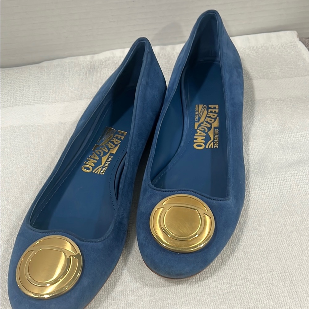 Salvatore Ferragamo Blue Flats with Gold Accents